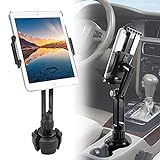 Macally Cup Holder Tablet Mount - Heavy Duty iPad Cup Holder Car Mount Stand or Tablet Holder for Car, Truck, and Vehicle - Fits Devices 3.5' - 8” Wide with Case - Adjustable iPad Holder for Car