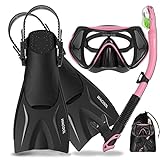 WACOOL Snorkeling Snorkel Scuba Diving Package Set Gear with Adjustable Short Swim Fins Anti-Fog Coated Glass Silicon Mouth Piece Purge Valve (Pink/L-XL)