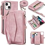 DKDKSIP for iPhone 14 Plus Wallet Case Women, Support Wireless Charging with RFID Blocking Card Holder, Leather Zipper 2 in 1 Detachable Magnetic Phone Case with Crossbody Strap Wristlet, Dream Pink