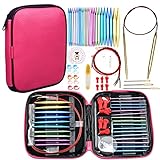 LOOEN 57pcs Aluminum Circular Knitting Needles Set with Ergonomic Handles,13 Size Interchangeable Crochet Needles with Storage Case for Small Project (Style 1)