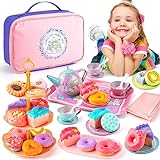 Juboury Tea Party Set for Little Girls, Pretend Tin Teapot Set with Dessert, Doughnut, Cake Stand, Tablecloth & Carrying Case, Princess Tea Time Kitchen Pretend Play Toy for Girls Age 3 4 5 6