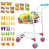 deAO Kids Shopping Cart Trolley with Sturdy Metal Frame for Toddlers 46 PCS Food Fruit Vegetables Pretend Play Food Role Play,Educational Toy Play Kitchen Toys for Boys Girls Kids