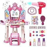 Pretend Play Girls Makeup Table Set with Stool，Open Doors by Gestures，Kids Vanity Set with Lights and Music，Toddler Beauty Salon Set with Makeup Accessories & Hair Dryer，Toy for Toddlers 2-5 Years Old