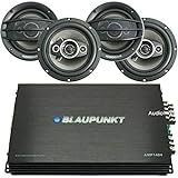 BLAUPUNKT AMP1404 1500 Watts Maximum Output Power 4-Channel Full Range Car Audio Amplifier + AUDIOBANK 6.5 Coaxial Car Audio Speakers 400 Watts Peak Power - (4 Speakers)