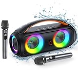 JYX Karaoke Machine with Dual Microphones and Dazzling Lights,IPX5 Waterproof Bluetooth Speaker with Remote Control for Outdoor,Portable Boombox Support AUX/TF Card/TWS