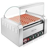 Olde Midway Electric 30 Hot Dog 11 Roller Grill Cooker Machine with Bun Warming Drawer and Cover - Commercial Grade, Stainless Steel