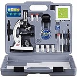 AmScope 120X-1200X 52-pcs Kids Beginner Microscope STEM Kit with Metal Body Microscope, Plastic Slides, LED Light and Carrying Box (M30-ABS-KT2-W),White