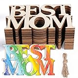 AIERSA 20Pcs BEST MOM Unfinished Wood Crafts, Mothers Day Crafts for Kids, Wood Cutouts Gift Tags,Wooden Letters Ornaments with 20 Strings for Happy Mother's Day Gifts,Mom's Birthday Party Decorations