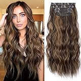 KooKaStyle Clip in Long Wavy Synthetic Hair Extension 20 Inch 4PCS Balayage Dark Brown to Chestnut Hairpieces Fiber Thick Double Weft Hair Extension for Women