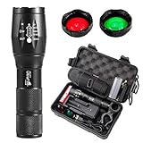 ULTRAFIRE A100 Tactical Flashlight, 900 Lumens 5 Modes LED Zoomable Hunting Flashlight Torch with Duty Belt Flashlight Holster, Red/Green/White Exchange Glass