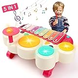 Popsunny Baby Musical Toys, 5 in 1 Toddler Drum Set Electronic Piano Keyboard Xylophone with Lights, Music Instruments Learning Toys Gifts for Boys Girls 1 2 3 Years Old