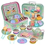 Jewelkeeper Tea Set for Little Girls - 15 Piece Sets Kids Tin Tea Party with Cups, Saucers, Plates & Serving Trays-Toddler Princess Tea Time Pretend Play-Safari Design Picnic Toy -Girls Birthday Gift