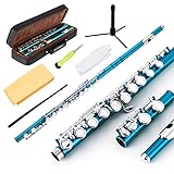 EastRock Closed Hole Flutes C 16 Key for Beginner, Kids, Student -Nickel Flute with Case Stand and Cleaning kit (Sea Blue)