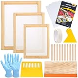 Caydo 24 Pieces Screen Printing Kit, Include 3 Sizes Wood Silk Screen Printing Frame with 110 Mesh, Screen Printing Squeegees, Transparency Inkjet Film, Masking Tape