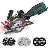 DOVAMAN Circular Saw, 5.8A Mini Circular Saw with Laser, 3500rpm, Metal Auxiliary Handle, Cutting Depth 1-11/16' (90°), 1-3/8' (45°), 6 Saw Blades Ideal for Wood, Soft Metal, Plastic, Tile, Blue