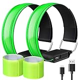 MoKo Running Light for Runners 2Pack Rechargeable with 3 Light Modes, High Visibility LED Wrist Arm Ankle Light Up Bands for Running Night Walking Reflector Gear with Reflective Slap Bands, Green