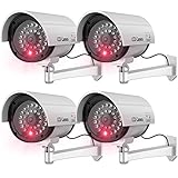 WALI Bullet Dummy Fake Surveillance Security CCTV Dome Camera Indoor Outdoor with 1 Flashing LED Light and Security Alert Sticker Decals (S1-4) Silver, 4 Pack