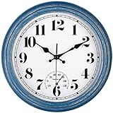 JENLYSTIME 12 Inch Indoor/Outdoor Retro Waterproof Wall Clock with Thermometer Silent Round Quartz Battery Operated Easy to Read Decorative for Kitchen Patio,Bathroom,Deck,Porch,Pool(Blue)
