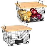 2 Set Kitchen Counter Basket with Bamboo Top - Pantry Cabinet Organization and Storage Wire Basket - Countertop Organizer for Produce, Fruit, Vegetable ( Onion, Potato ), Bread, K-Cup Coffee Pods