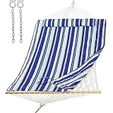 SUNCREAT 2 Person Hammock with Hardwood Spreader Bar, Outdoor Rope Hammock with Polyester Pad, 475 lbs Capacity, Blue Stripes