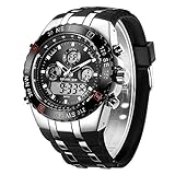 GOLDEN HOUR Huge Big Face Large Size Military Sports Mens Watches Waterproof, Stopwatch, Date and Date, Alarm, Luminous Digital Analog Stainless Steel Wrist Watch with Rubber Band in Silver Black