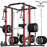ER KANG Smith Machine, 2000LBS Strength Training Power Cage with Smith Bar and LAT Pull Down System, Multi-Function Linear Bearing Cable Crossover Machine for Home Gym, 2×3”, Red