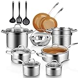 Duxtop 17PC Professional Stainless Steel Induction Cookware Set, Stainless Steel Ceramic Nonstick Pan Set, Impact-bonded Technology, FUSION Titanium Reinforced Ceramic Coating, Copper