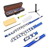 EASTROCK Closed Hole Flutes C 16 Key for Beginner, Kids, Student -Silver Nickel Flute with Case Stand and Cleaning kit (Blue)