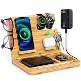 Bamboo Phone Docking Station, OTESS 6 in 1 Wireless Charging Station Compatible with iPhone/AirPods, Nightstand Organizer With Key Holder, Wallet Stand & Watch Organizer, Best Gift For Men/Dad/Husband