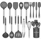 Silicone Cooking Utensil Set,Umite Chef Kitchen Utensils 15pcs Set Non-stick Heat Resistan BPA-Free Stainless Steel Handle Tools Whisk - Grey