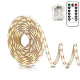 echosari Battery Powered Led Strip Lights with Remote Warm White, 8 Modes, Dimmable, Timer, Self-Adhesive, Cuttable, Waterproof, 9.8FT 90Led Strip Lights for TV Kitchen Cupboard Bedroom Decor