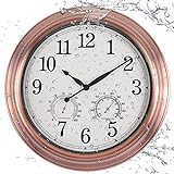 Vigorwise 16 inch Outdoor Wall Clock, Metal Waterproof Wall Clock with Temperature & Humidity, Large Non-Ticking Wall Clocks, Silent Wall Clock for Patio Garden Bathroom