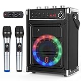 JYX Karaoke Machine with 2 UHF Wireless Microphones, Bass/Treble Bluetooth Speaker with LED Light, Support TWS, AUX In, FM, REC, Supply for Party/Adults/Kids - Black