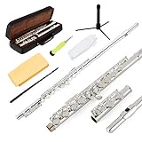 EASTROCK Closed Hole Flutes C 16 Keys Silver Plated Flute Instrument for Beginner Kids Student with Carrying Case,Stand,Cleaning kit,Gloves,Tuning Rod(Closed Hole,Silver Plated)