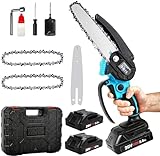 CKEVE Mini Chainsaw 6-Inch, Portable Electric Chain Saw Battery Powered Cordless with Safety Lock for Garden Tree Trimming, 250W Motor, 2 Chains, 2 Rechargeable Battery 20V 2000mAh Included, Blue