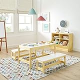 MUSEHOMEINC Kids Activity Table and Bench Set,Drawing and Painting Table for Study,Arts,Craft and Dining.3 in 1 Todder Play Table and Chair Set,Wooden Playroom and Learning Furniture