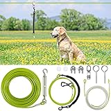 XiaZ 100FT Dog Runner for Yard, Dog Tie Out Cable Trolley Line for Dogs up to 250lbs, Aerial Dog Chain for Outside, Yard, Camping, with 8FT Bungee Run Leash, Cable Sling to Protect Trees，Green