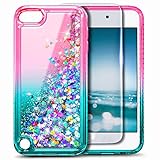 iPod Touch 7 Case, iPod Touch 5/6 Case with Screen Protector, E-Began Glitter Liquid Floating Gradient Bling Diamond, Durable Girls Cute Case for iPod Touch 7th/6th/5th Generation Pink/Aqua
