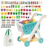 Jovow 98pcs Kids Shopping Cart Trolley Play Set with Pretend Food and Accessories,Perfect for Ages 3+ Pretend Play and Role-Playing Games