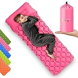 Kids Sleeping Pad for Camping and Sleepovers with Pillow, Inflatable Camping Mattress for Backpacking & Travel, Thick Toddler Cot Mat, Fast Inflating Camping Sleeping Pads for Kids (Pink)