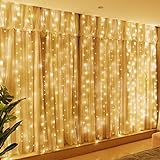 HXWEIYE 300LED Fairy Curtain Lights, 9.8x9.8Ft Warm White USB Plug in 8 Modes Christmas String Hanging Lights with Remote for Bedroom, Indoor, Outdoor, Weddings, Party