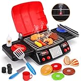 Kids Play Food Grill with Pretend Smoke Sound Light Kitchen Playset BBQ Accessories Camping Toy Cooking Set Barbecue Outdoor Toy for Toddler Child Girl Boy Toy 2 3 4 5 6 Year Old 4-8 Birthday Gift