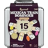 Mexican Train Dominoes Set Double 15, Dominoes Set for Adults and Family, Mexican Train Double 15 Dominoes Set Colored Dot, Mexican Dominos Board Games - 136 Tiles, 9 Trains, Wooden Hub, Aluminum Case