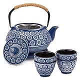 Juvale 6 Piece Set Japanese Cast Iron Teapot with Infuser, 4 Teacups and Trivet (32 oz, Blue)