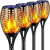 TomCare Solar Lights Upgraded, 43' Waterproof Flickering Flames 96 LED Torches Lights Outdoor Solar Landscape Decoration Lighting Auto On/Off Pathway Lights for Garden Patio Driveway, Black(4)