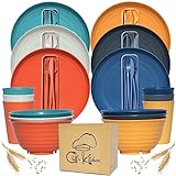 48 Pcs Wheat Straw Dinnerware Sets for 6- Unbreakable Dinnerware Set with Large Plates, Bowl and Cup Set -BPA Free, Lightweight, Microwave Safe Wheat Straw Plates and Bowls Sets, RV Camping Dishes Set
