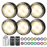 Onumii LED Puck Lights Battery Operated LED Under Cabinet Lighting Wireless Stick on Tap Lights with Remote Controll Color Changing Timer Function for Cabinets, Shelves, Closets - 6Pack White