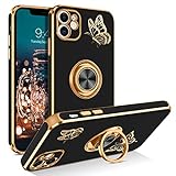 BENTOBEN iPhone 11 Case, Phone Case iPhone 11 6.1, Slim Thin Gold Butterfly Design Kickstand Ring Holder Shockproof Protection Soft TPU Bumper Drop Protective Girl Women Boy Men iPhone 11 Cover, Black