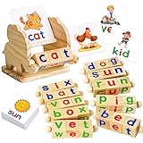 Shylizard Montessori Learning and Educational Toys Gifts for Kids 3 4 5 Years, Wooden Reading Blocks Toys, Learning Activities for Preschool Kindergarten, Turning Rotating Matching Flash Card Games