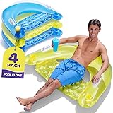 Pool Floats Adult [Set of 4] Inflatable Chair Floats with Cup Holders & Handles - Happy Colorful Pool Floaties - Pool Float Comes in 2 Fun Colors, Blue & Yellow, A Relaxing Floats for Swimming Pool